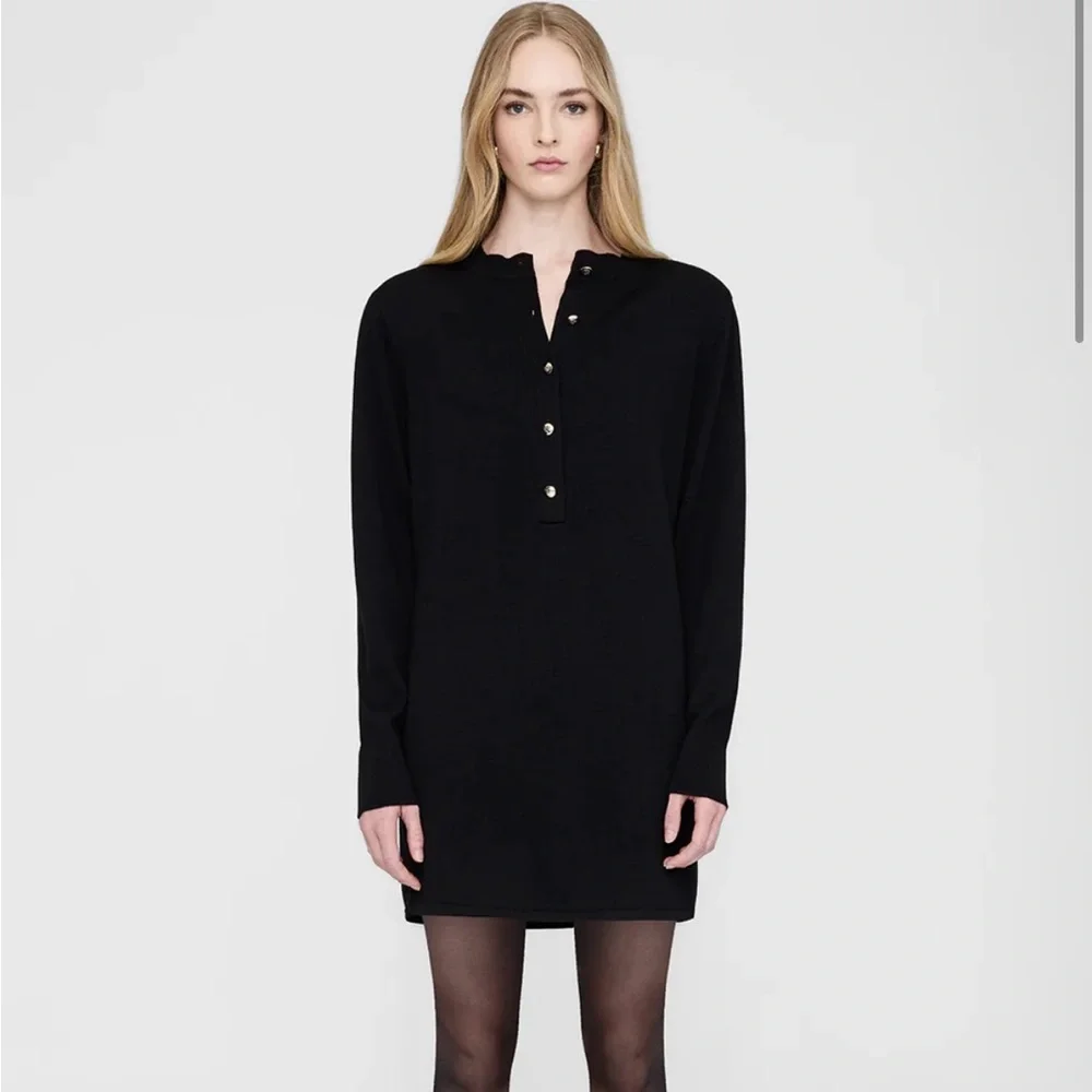 NWT Anine Bing Freja Dress S Wool Cashmere Black Gold Button Sweater Knit Henley - Picture 10 of 11